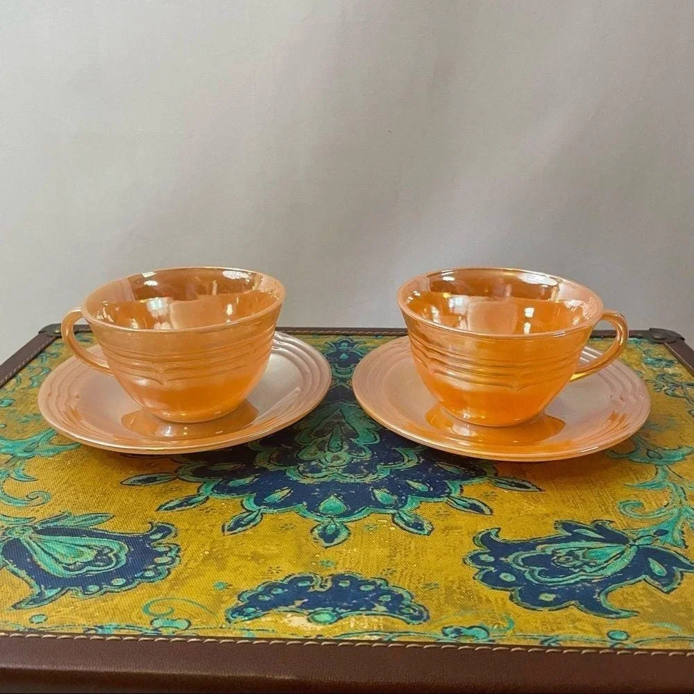 Fire-King Peach Lustre Laurel Tea Cup and Saucer Set 2pc Mid-Century Milk Glass